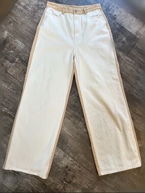 Le Lis Urban Cream and Tan Color Block Wide Leg Pants 100% Cotton Size Medium